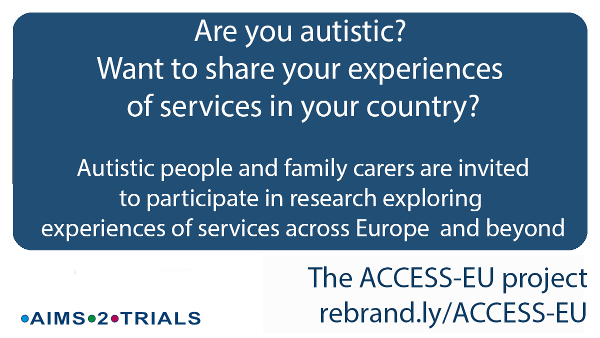 Aims2Trials's tweet photo. Please share! We hope this research will highlight differences in autistic people's experiences of services.
Have services been accessible to you? How can services be improved? Here is your chance to be heard. https://t.co/2jNOCqvM4W
#autismresearch #autism https://t.co/qEAefOL4FR