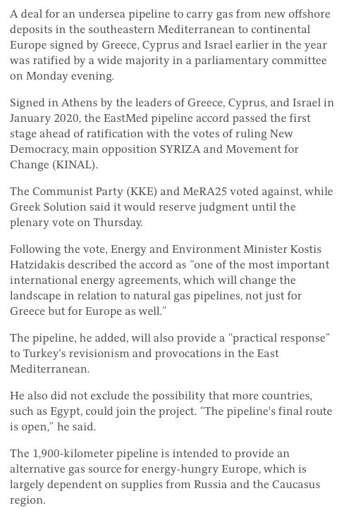 EastMed pipeline deal sails through parliamentary committee | 11.05.2020  https://www.ekathimerini.com/252574/article/ekathimerini/news/eastmed-pipeline-deal-sails-through-parliamentary-committee The Communist Party (KKE) and MeRA25 voted against, while Greek Solution said it would reserve judgment until the plenary vote on Thursday.