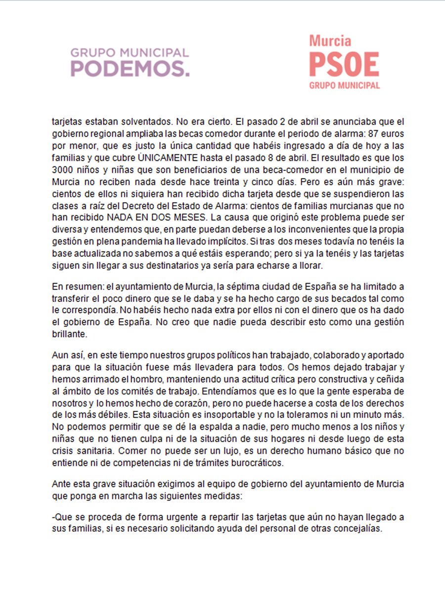 GrupoPSOEMurcia's tweet photo. ‼️👩🍳Comer no puede ser un lujo, es un derecho humano básico que no entiende de competencias
📩Hemos enviado una carta junto a #PodemosEquo a la concejala #PilarTorres para denunciar la situación de los 3.000 escolares que llevan 35 días sin beca comedor
👉https://t.co/50HInoW4Cd https://t.co/uRdWU6HtYV