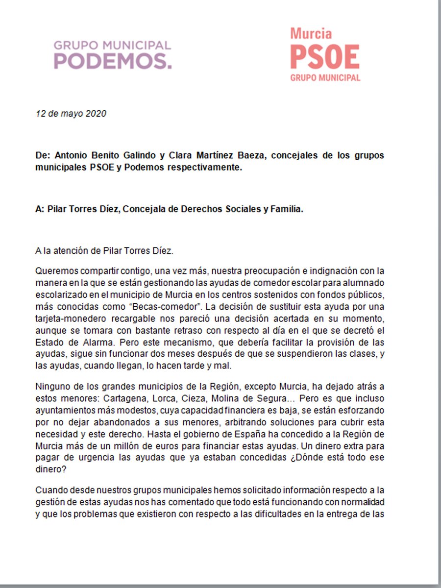 GrupoPSOEMurcia's tweet photo. ‼️👩🍳Comer no puede ser un lujo, es un derecho humano básico que no entiende de competencias
📩Hemos enviado una carta junto a #PodemosEquo a la concejala #PilarTorres para denunciar la situación de los 3.000 escolares que llevan 35 días sin beca comedor
👉https://t.co/50HInoW4Cd https://t.co/uRdWU6HtYV