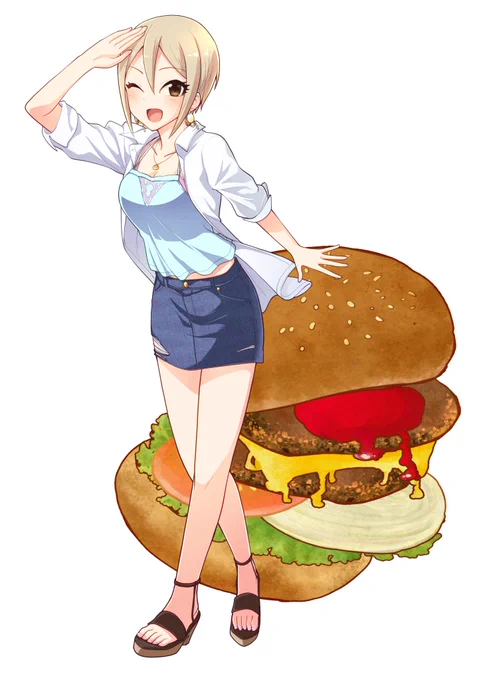 しおみごはん合同、表紙の絵をTwitterにあげるとどうしてもロゴの方をサムネにしちゃうのでロゴなしの周子素材とおまけのここまでちゃんと描いてあるんだよハンバーガー素材 