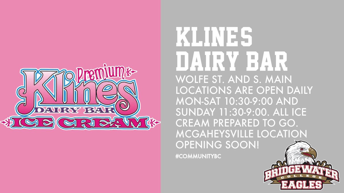 BCAthletics's tweet photo. Support local businesses during this difficult time! While you wait to cheer BC on to 79 points, head to Kline's Dairy Bar - Wolfe St. and S. Main locations are open daily Mon-Sat 10:30-9 and Sunday 11:30-9. McGaheysville opening soon! #CommunityBC #Klines https://t.co/wBW7zI4oW9 https://t.co/nfCqYXf3Hl