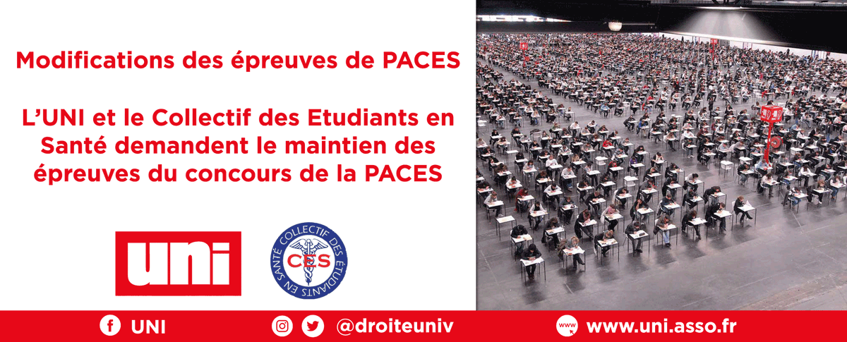 ✍️L'UNI et le Collectif des Etudiants en Santé <a href="/CEtudiantSante/">Collectif des Étudiants en Santé ⚕</a> demandent le maintien des épreuves du concours de la #PACES !

Nous ne pouvons, nous permettre de dévaloriser ce concours, le rendant ainsi injuste pour les étudiants !

➡️ uni.asso.fr/spip.php?artic…