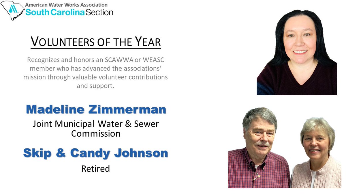 JMWSC Senior Accountant &amp; WEASC Treasurer Madeline Zimmerman and Lexington County residents Skip (WEASC Past President) and Candy Johnson have been named as <a href="/SCAWWA/">SCAWWA</a> &amp; <a href="/WEA_SC/">WEA South Carolina</a>'s first-ever Volunteers of the Year for outstanding service to the #water associations. We're very proud!