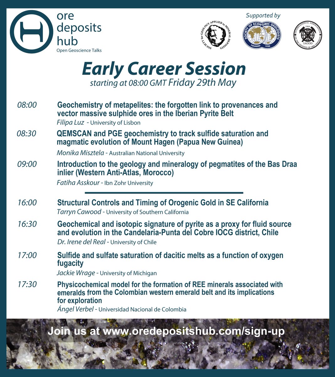 Our Early Career Session schedule is out! Join us on Friday 29th May for exciting talks via Zoom from PhD students and early career researchers. Thanks <a href="/SocietyEconGeol/">Society of Economic Geologists</a> <a href="/SGA_Geo/">SGA</a> and IOGOD for your support!
Sign up here for Zoom details: oredepositshub.com/sign-up/