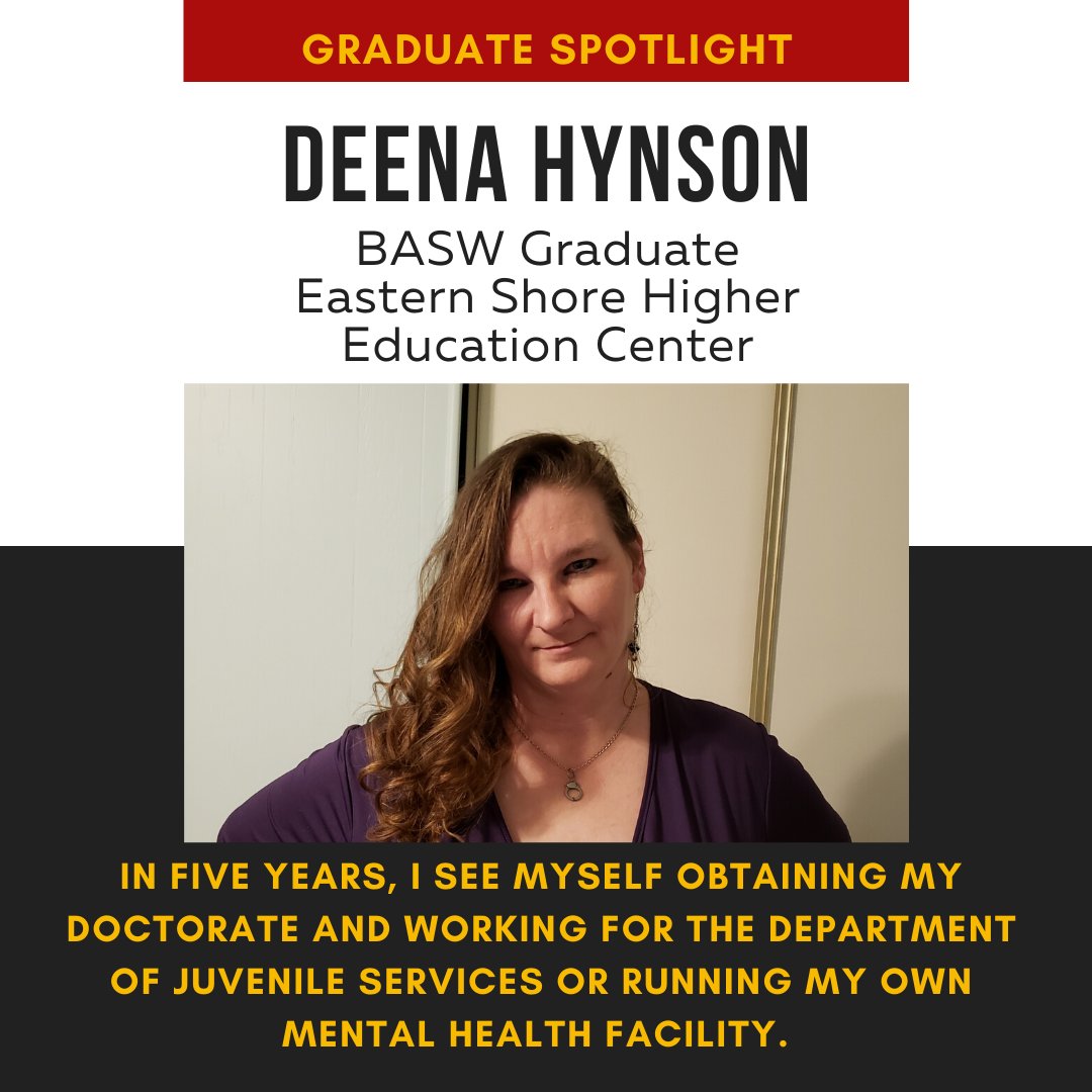 SUSocialWork's tweet photo. BASW Graduate Spotlight... Deena Hynson, who completed her degree at the Eastern Shore Higher Education Center satellite location in Wye Mills. See you on Sat. for the Graduation Celebration streaming live on the SU Social Work YouTube channel. #SUSocialWorkGrad2020 #SUSocialWork https://t.co/q2TRsueZP1