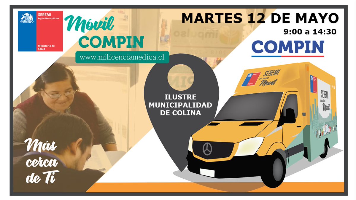 MuniColina's tweet photo. #ColinaInforma | @SeremiSaludRM informa que hoy martes 11 de mayo, desde las 9 horas, estará presente la #CompinMovil tanto en el municipio como en el strip center Hola! de Chamisero para que resuelvas tus dudas sobre tus licencias médicas.
@mario_olavarria @CorpColinaSalud https://t.co/lj52ekihem