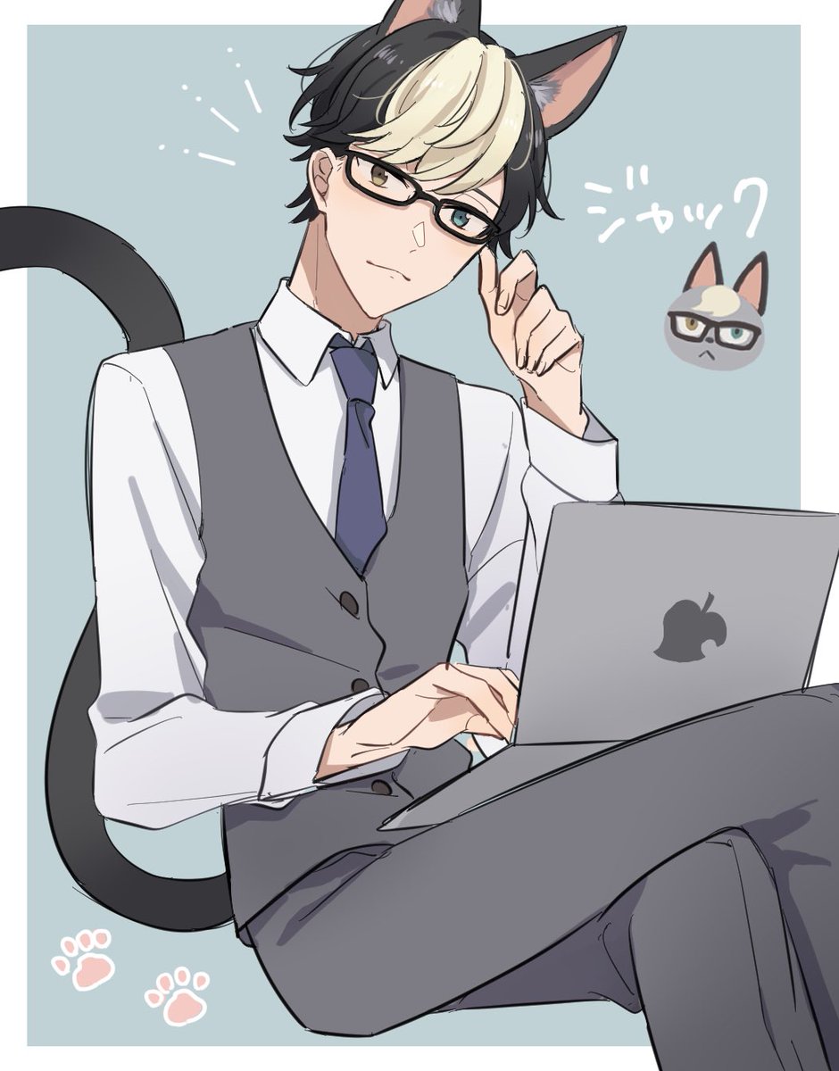 1boy male focus animal ears personification cat boy tail glasses  illustration images