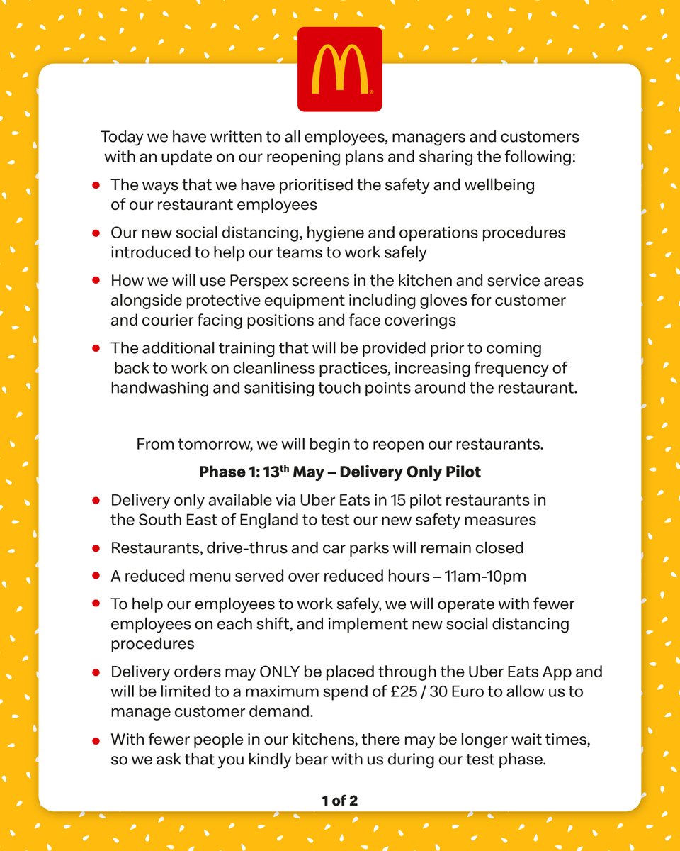 McDonaldsUK's tweet photo. Tomorrow we will offer delivery via Uber Eats from 15 restaurants in the South East of England, next week we will start to reopen our Drive Thrus as we get ready to reopen restaurants across the UK and Ireland. https://t.co/us3wM2fJYc
