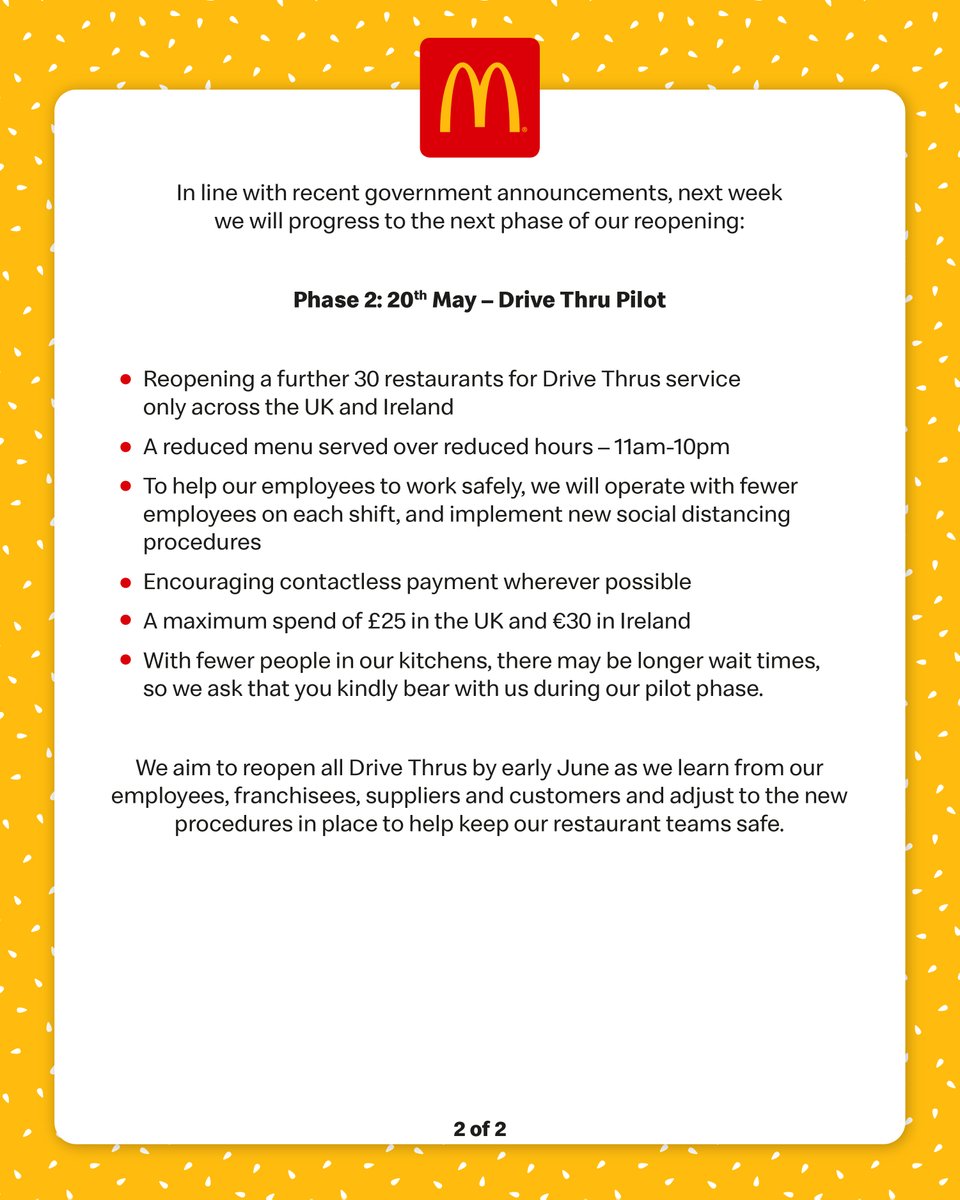 McDonaldsUK's tweet photo. Tomorrow we will offer delivery via Uber Eats from 15 restaurants in the South East of England, next week we will start to reopen our Drive Thrus as we get ready to reopen restaurants across the UK and Ireland. https://t.co/us3wM2fJYc