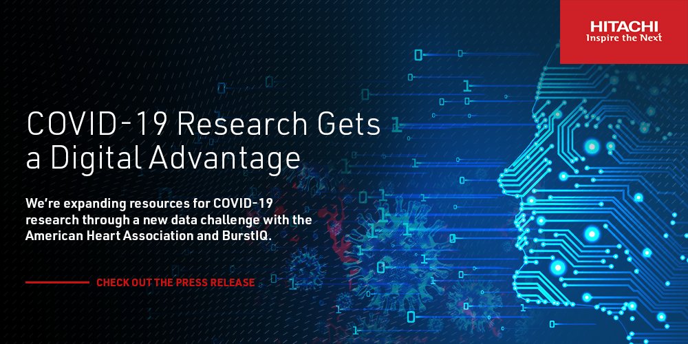 <a href="/American_Heart/">American Heart Association</a>, Hitachi Vantara and <a href="/BurstIQ/">BurstIQ</a> bring global #COVID-19 datasets to researchers and clinicians to examine relationship with other health conditions and #healthdisparities. Learn more here: htchivantara.is/2LpOCeN #InThisTogether