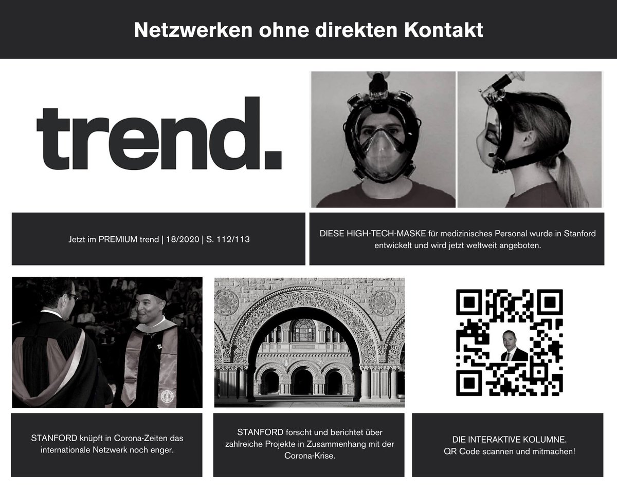 Netzwerken ohne direkten Kontakt? In meiner neuen TREND Kolumne berichte ich über <a href="/stanford/">Stanford University</a> und ihre Vorreiterrolle in der Entwicklung von High-Tech Lösungen in #Corona-Zeiten + QR-Umfrage: qrco.de/bbVLCV➡️PREMIUM TREND 18/2020 (112/113)