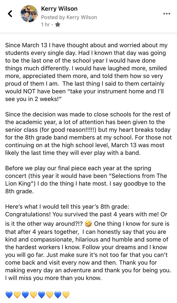 k_wil79's tweet photo. Thinking about my band kids today on what should have been our spring concert. 💙💛💙💛 https://t.co/0xpMeH0Wte