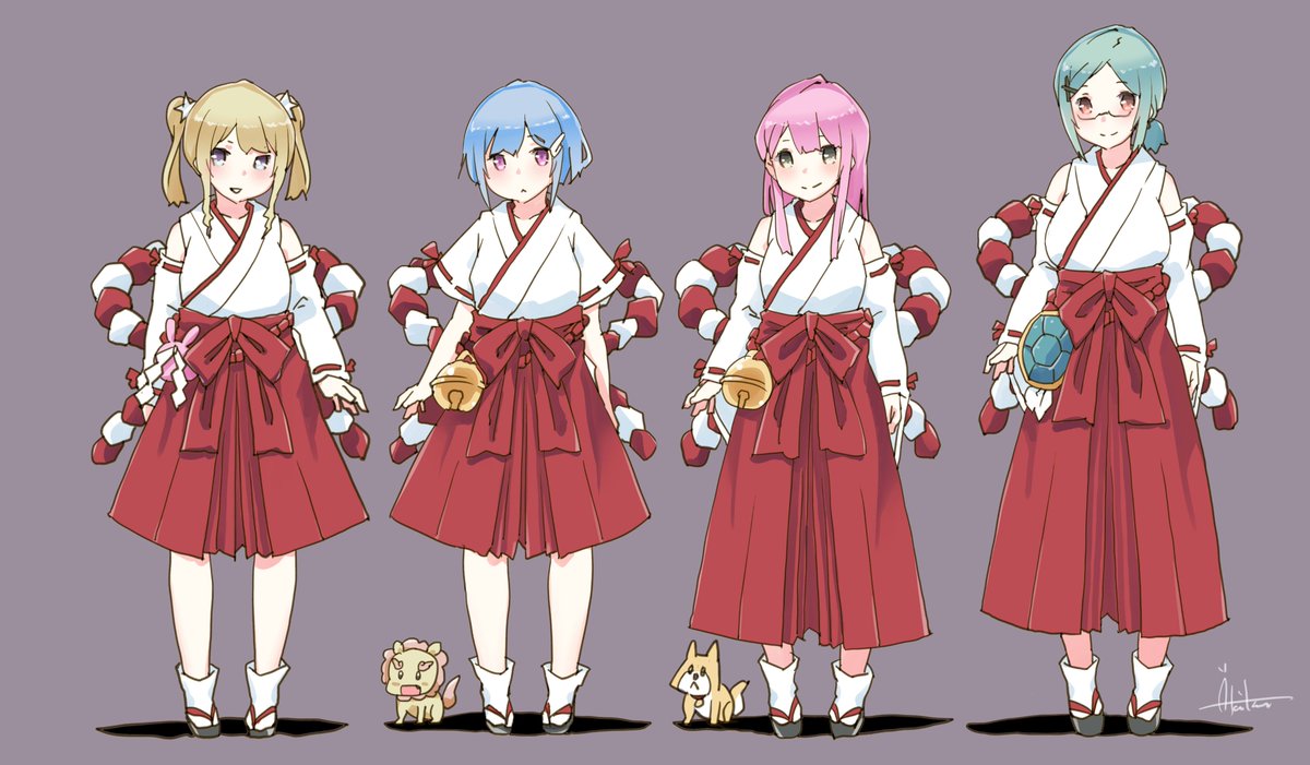 「あと一人とミニキャラ3匹!
#オリジナル 
#ダリア #碧 #華燐 #翠 」|あき缶@inicaのイラスト
