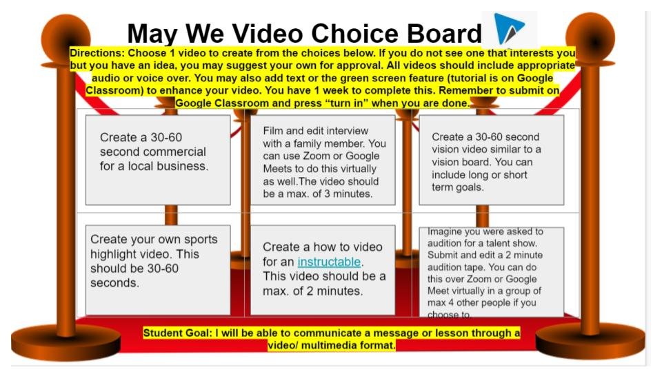 MsSelikoff's tweet photo. Sneak peek to next week's assignment with @WeVideo featuring #May Student Choice Board! @The_Tech_Lady @breicher @NJECC @EDUcre8ive #edchat #technology #distancelearning #remotelearning #teacher #student #studentvoice #studentchoice #kidproducers #CreateAtHome #create #inspire https://t.co/mJN9ciuORR