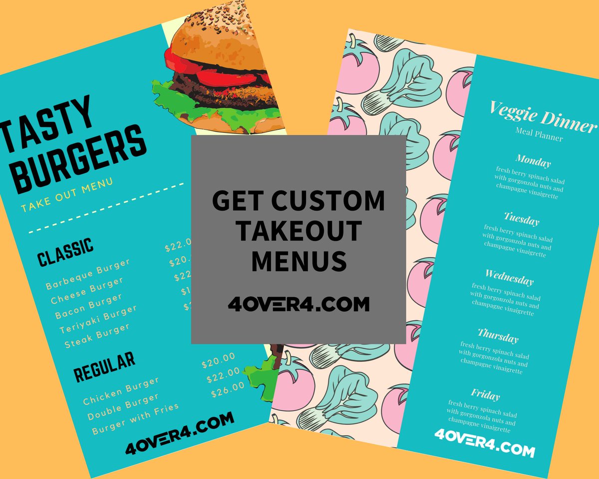4over4's tweet photo. Most people now aren't too strict with their diet; so restaurants and bakeries; get those takeout menus ready and share them then get ready to cater to your customers with whatever they desire.
#takeout
#takeoutmenu
#menu
#bakeries
#restaurants
#print
#onlineprinter
#stayathome https://t.co/BwGDMa7ncw