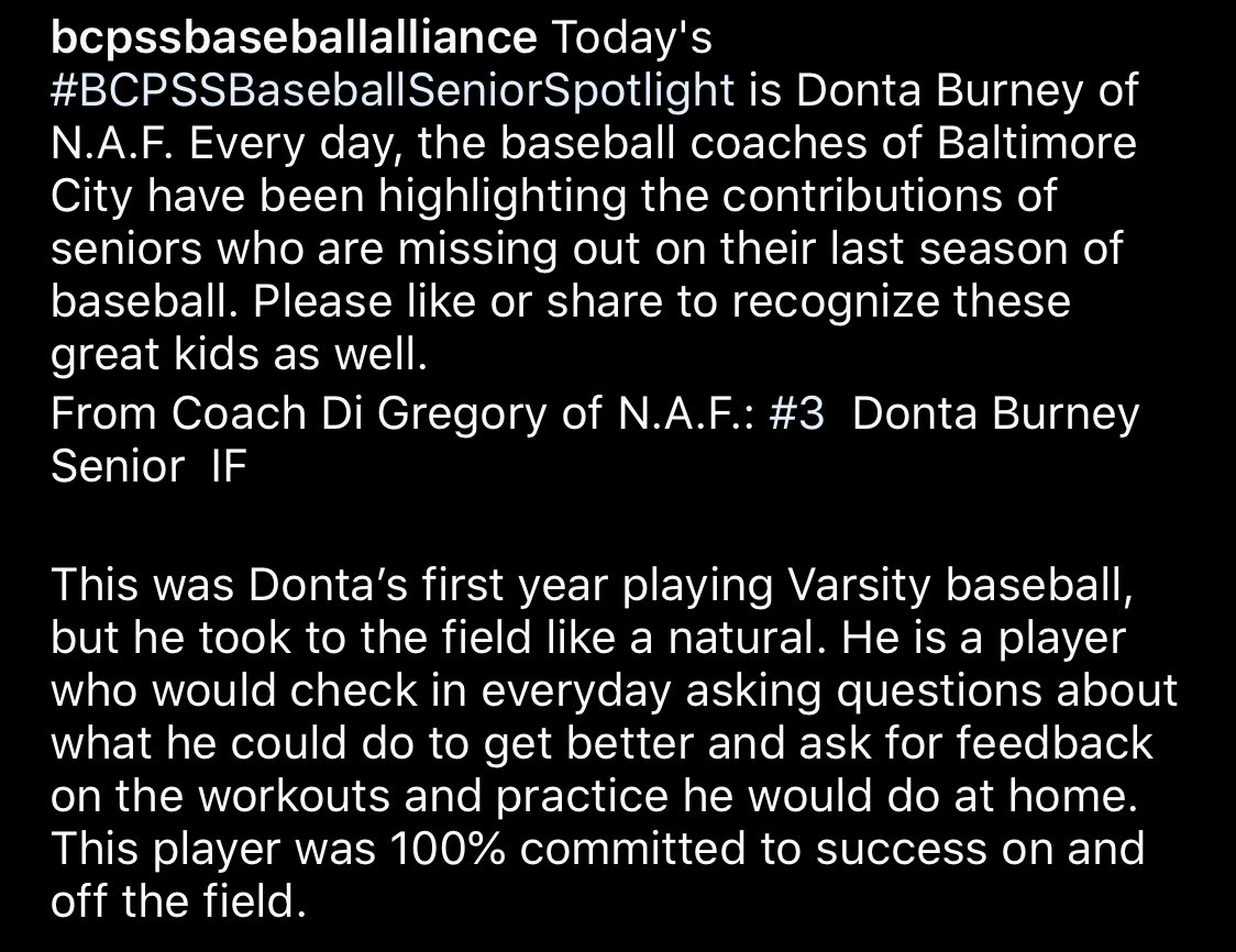 BCPSSBaseball's tweet photo. Today's #BCPSSBaseballSeniorSpotlight is Donta Burney of N.A.F. Every day, the baseball coaches of Baltimore City have been highlighting the contributions of seniors who are missing out on their last season of baseball. Please like/retweet!

From Coach Di Gregory of N.A.F.: https://t.co/Lz0WtAKi8o