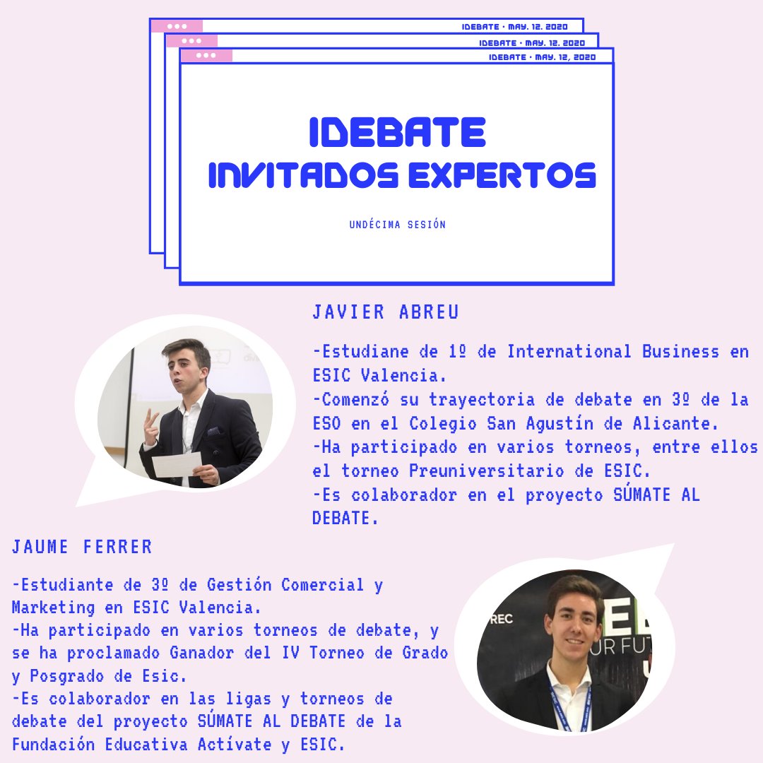idebatescolar's tweet photo. Estos son nuestros invitados expertos de hoy, y es un placer enorme poder contar con ellos. 🤩
Enseñarán a los alumnos  qué tipo de pregunta escoger en un discurso y cómo utilizarla de la mejor manera posible. https://t.co/4QXlqg4Dvr