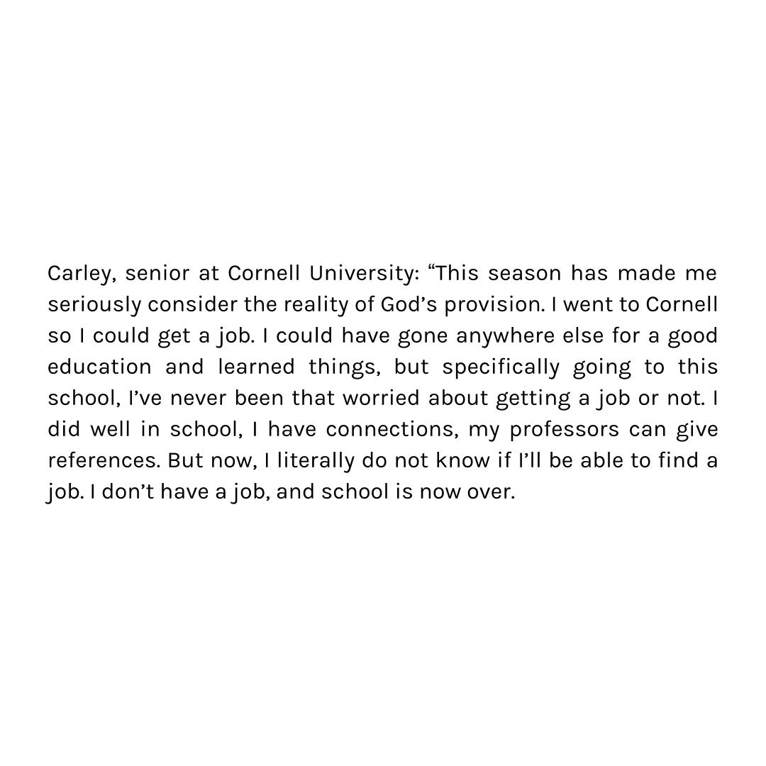 veritasforum's tweet photo. "This season has made me seriously consider the reality of God’s provision," says Carley, senior @Cornell. "I think the Lord has allowed me to separate fear from the worst-case scenario and trust that I’ve been given good things." #ProfilesofSearch @AugustineCollec #faith #career https://t.co/OWU0GpGU0z