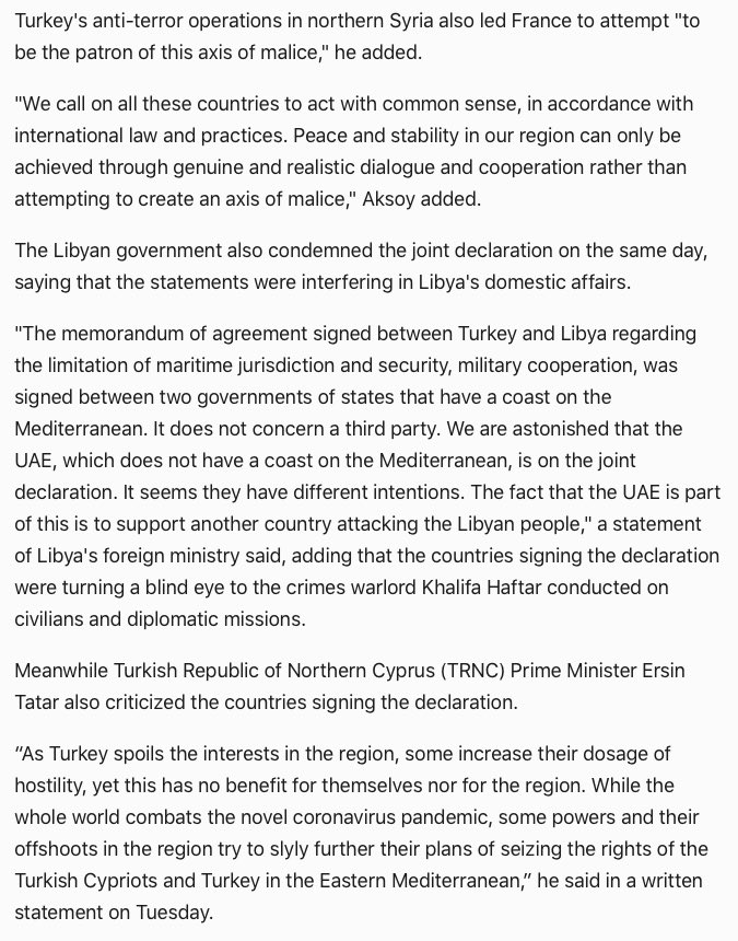 Turkey criticizes joint declaration on Eastern Mediterranean for seeking 'regional chaos'  https://www.dailysabah.com/politics/diplomacy/turkey-criticizes-joint-declaration-on-eastern-mediterranean-for-seeking-regional-chaos  #Greece  #Cyprus  #Egypt,  #France  #UAE  #United  #Arab  #Emirates