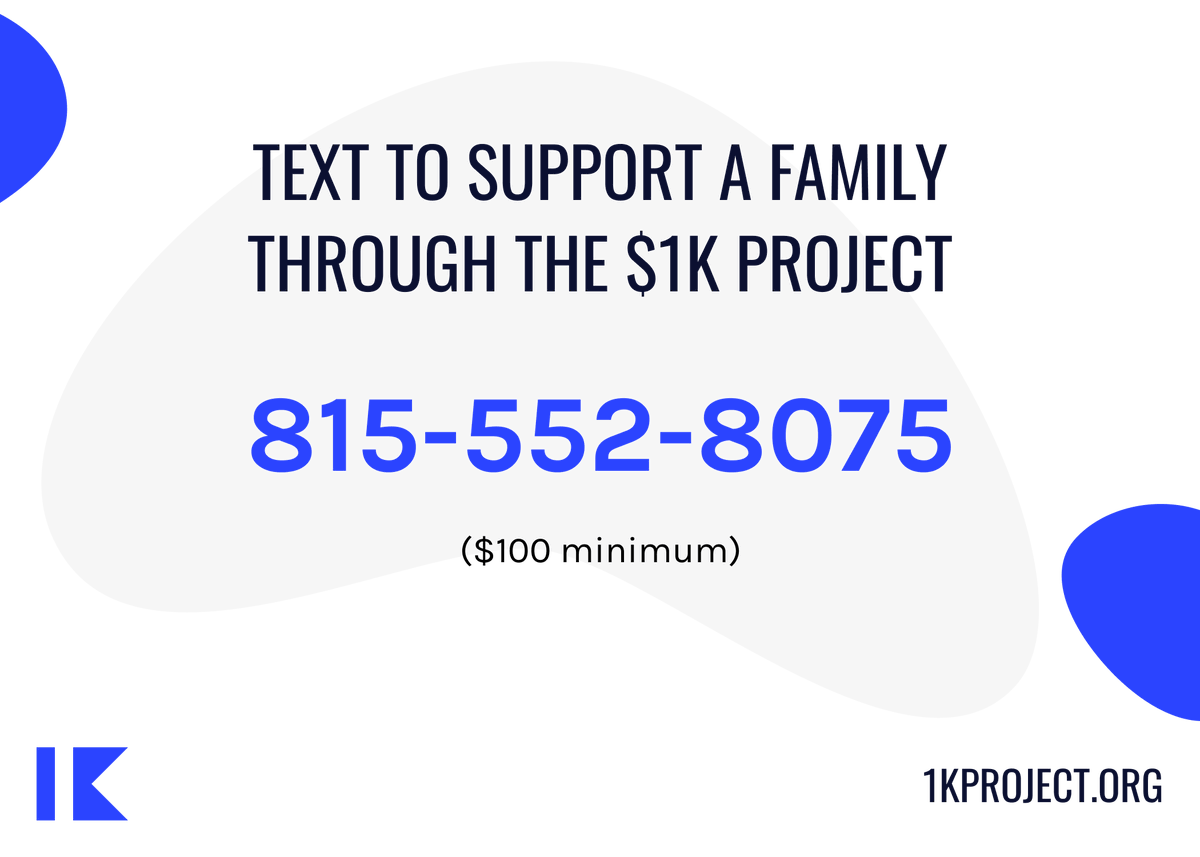 1kprojectorg's tweet photo. Help a single mother's family through https://t.co/5zOotLYwyx
 
1. A sponsor already started the funding
 
2. To join, text the amount you want to donate ($100 min) to 815-552-8075
 
3. We’ll text you back a GoFundMe page link where you can learn more and donate.
 
@1kprojectorg https://t.co/SqhsIreNcZ