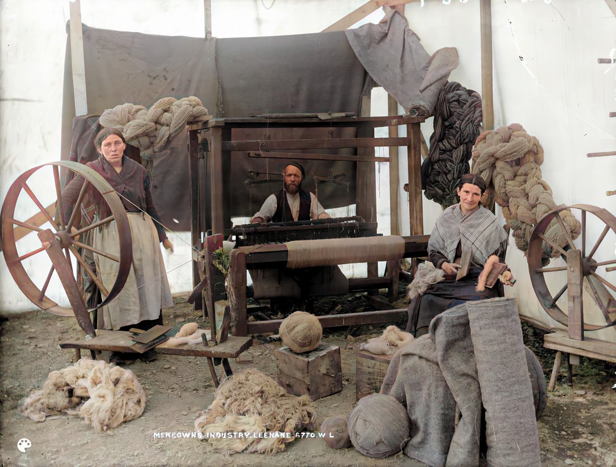 NLIreland's tweet photo. Huge hanks of wool and a sizeable loom at McKeown’s Industry, Leenane, Co. Galway, circa 1902-1914. Colourised and brought to life by @irelandincolour. #NLIonline https://t.co/ImHYeaH0xK