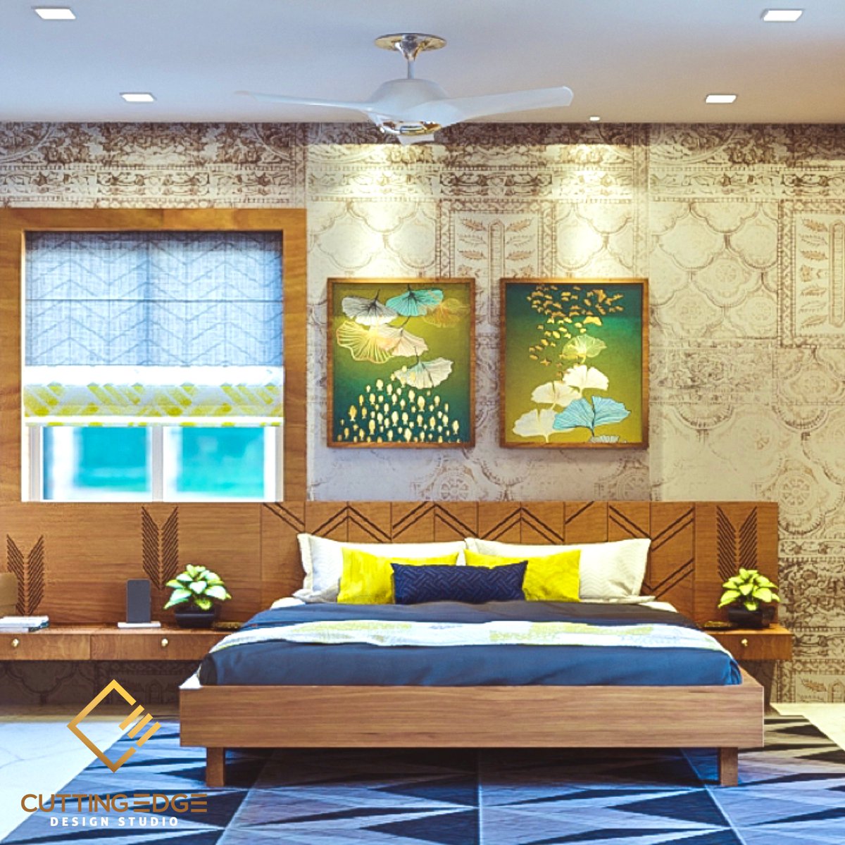 Cuttingedgeds's tweet photo. The abstract pair of paintings behind the bed add a dash color to this muted tone bedroom design.
The headboard with a running geometric pattern and the beige colored ethnic wallpaper behind the bed add to the eclectic style of this bedroom.

Call us now

#cuttingedgedesignstudio https://t.co/cIUqsQaiC8