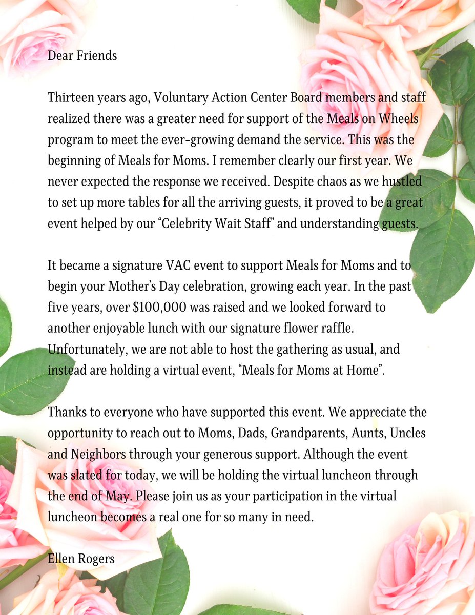 VACNorthernIL's tweet photo. Today would have been the official Meal for Moms Luncheon. Instead today and all of May we will dine at home in the spirit of the event. To donate to Meal for Moms visit https://t.co/RpJ5HXjHjF https://t.co/UXWMmdQlyy