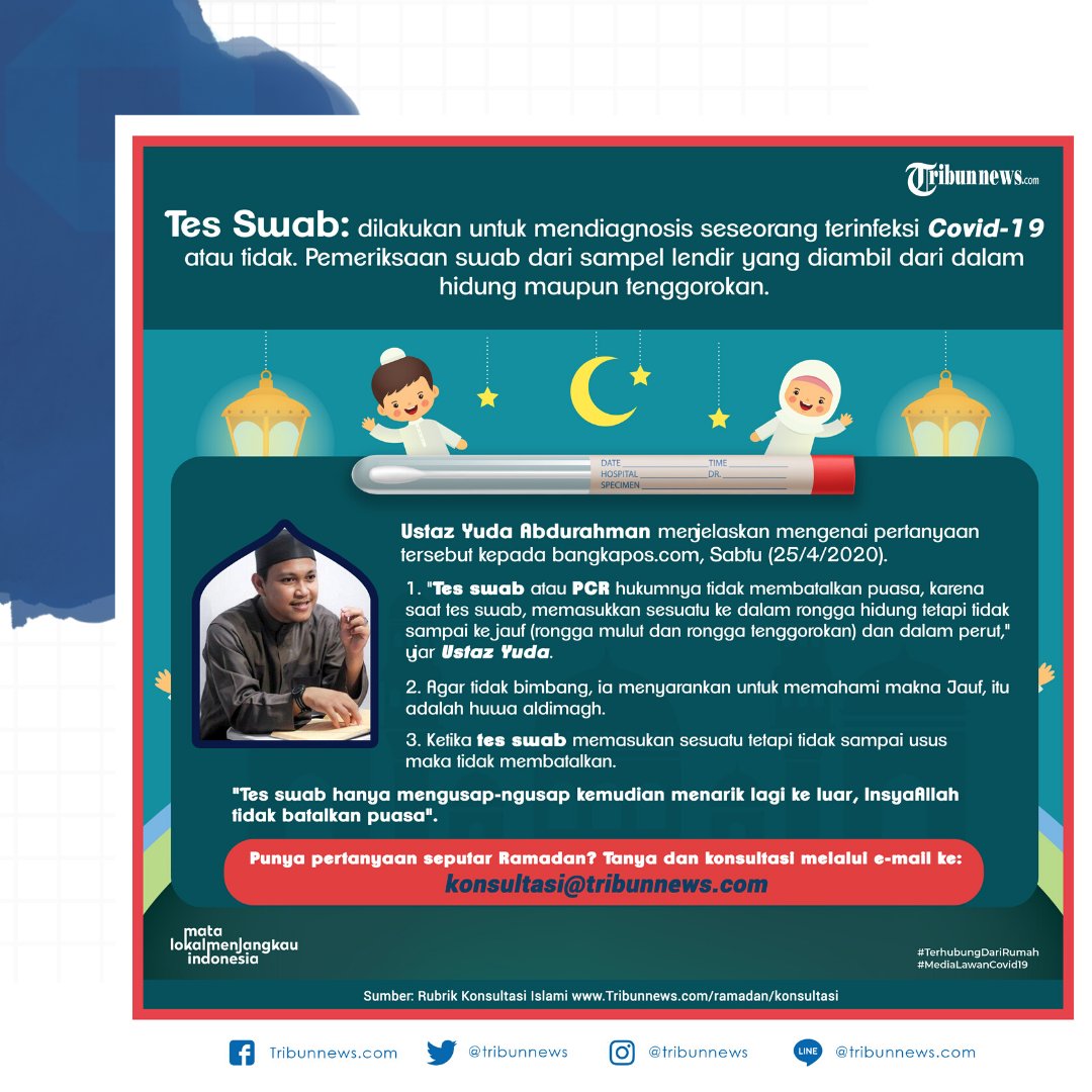 Ada yang bertanya, apakah tes swab dapat membatalkan puasa?⁣
Simak jawabannya berikut ini!⁣
⁣
Baca konsultasi Ramadan lainnya di: tribunnews.com/ramadan/konsul…⁣
⁣
#TerhubungDariRumah⁣
#KonsultasiRamadan