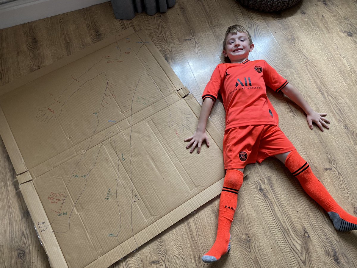 Kayleigh3649's tweet photo. After Millie broke her leg Zak was eager to learn about bones ,so we drew around him and labelled as many bones and body parts that he knew. @MillfieldHT @MillfieldPS https://t.co/WN44HH9H2f