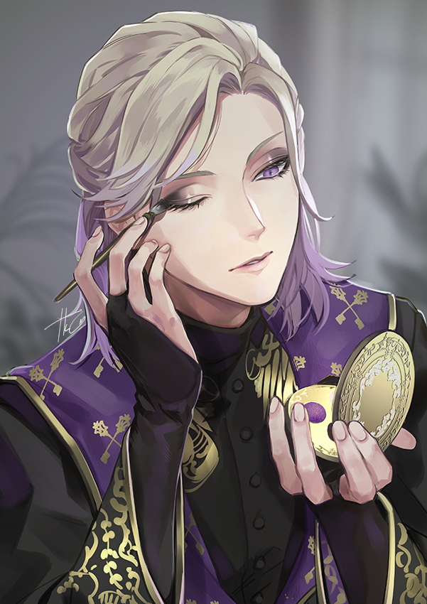 1boy male focus purple eyes solo holding one eye closed applying makeup  illustration images