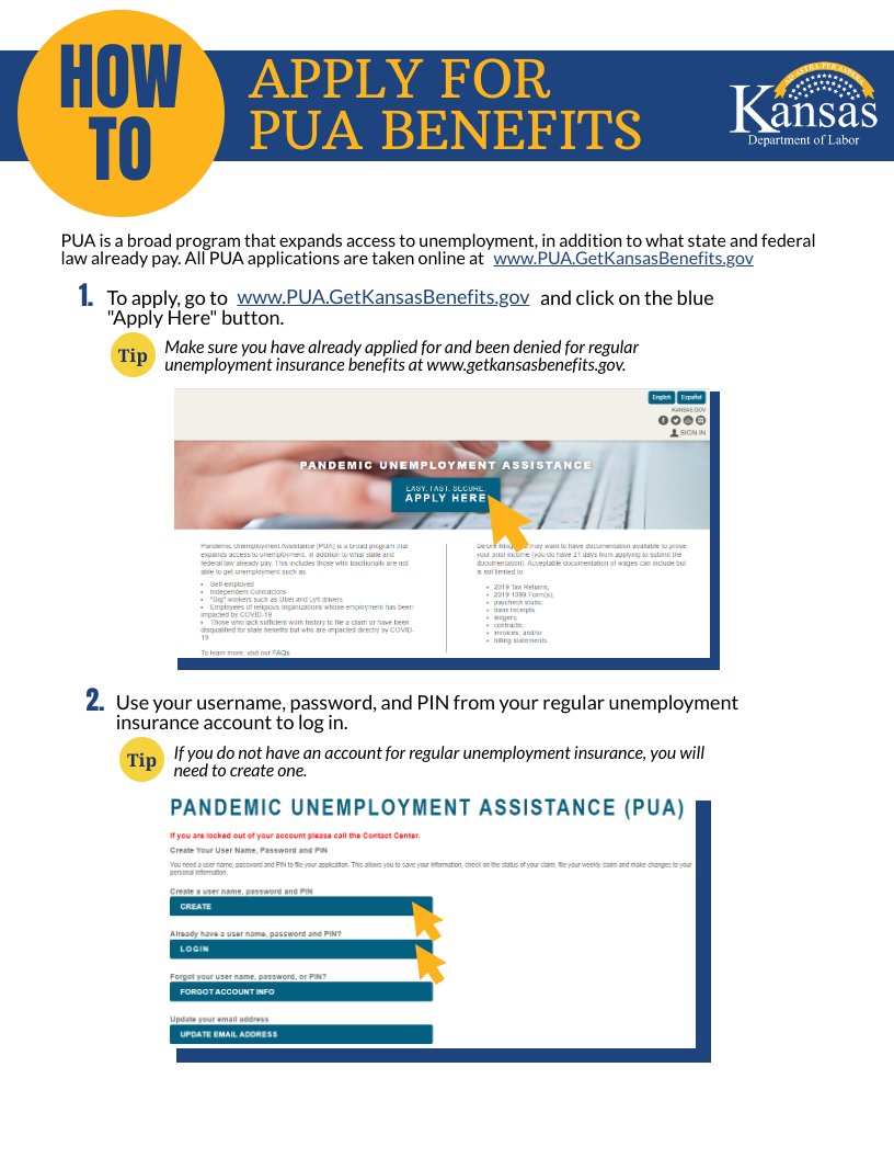 KansasDOL's tweet image. The application process for PUA benefits is now open. Apply online at PUA.GetKansasBenefits.gov.

Frequently Asked Questions can be found here: dol.ks.gov/ui-faqs/pua

#ksdol #ksworks #ksleg