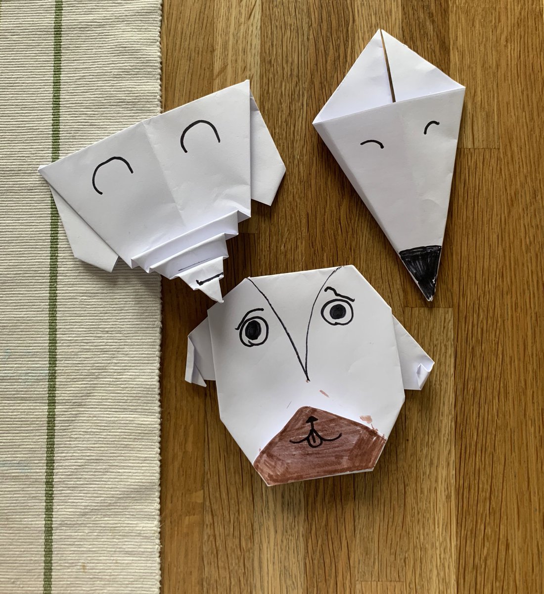 vicky_beaman's tweet photo. @3sTheMagicNumb1 Eviie’s origami. A pug, Fox and Elephant https://t.co/GtcoOIjNqr