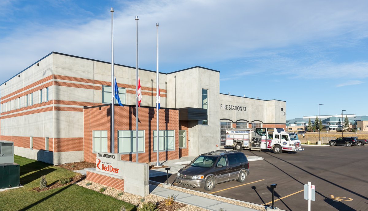 CPCI_Canada's tweet photo. The Fire Stations 3 and 4 in Red Deer, AB, are a perfect example of why #precast #concrete is a safe, reliable and proven building material. Both stations were completed under budget and ahead of schedule. Read more: https://t.co/7TxnmrIJ9k Photos courtesy of @EagleBuildersLP https://t.co/3hmUxLUscf