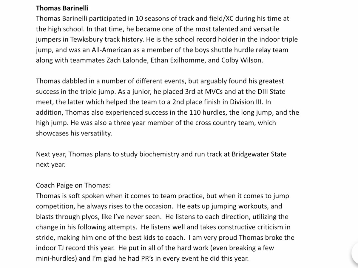 TewksTrackandXC's tweet photo. Today’s Senior Salute is Thomas Barinelli! TB has been a four year member of the track team as well as a three year member of the XC team. He was an All-American in the Shuttle Hurdles last spring. Next year, he will continue his track career Bridgewater State. @barinellit19 https://t.co/CDGVd0BeCc