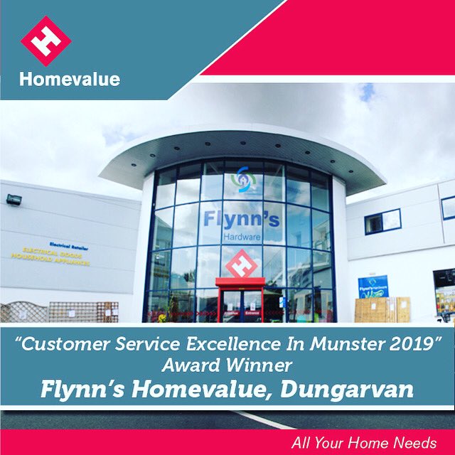 HomevalueHware's tweet photo. Flynn's Homevalue based in Dungarvan Co. Waterford have a range of categories; Floors, Doors, Bathroom, Paint, Homewares & more. They achieved the award of ‘Customer Service Excellence In Munster 2019’ at our United In Excellence Awards 2019 #HomevalueHardware #AllYourHomeNeeds https://t.co/Ihf2oFoPx3