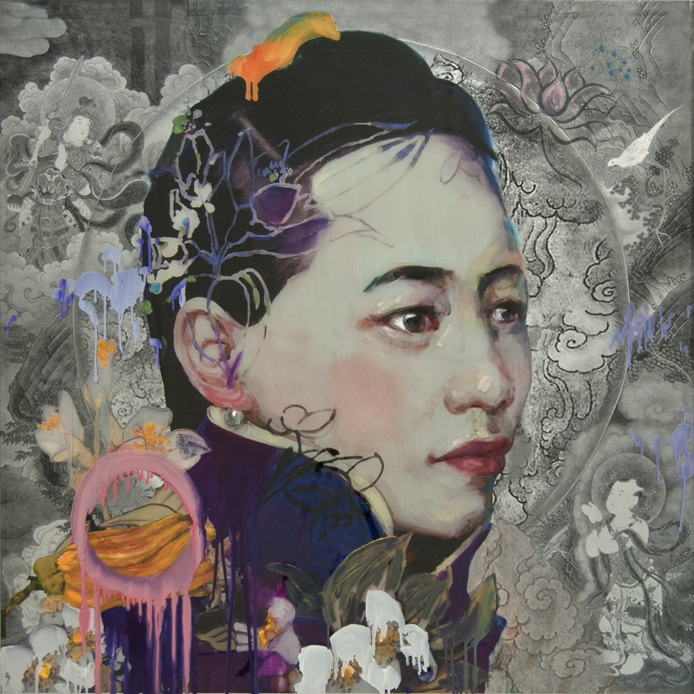 Mixed media works by Chinese-American artist Hung Liu, 2010s-20s. Trained as a realist and muralist in China, her later work involves drippy, layered portraits using imagery from historic, pre-revolution photos