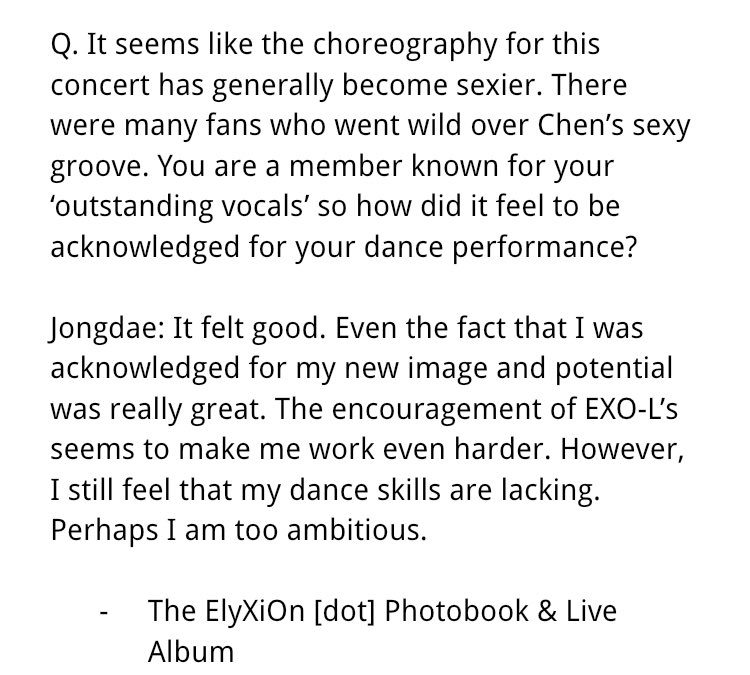 imexotrashtbh's tweet photo. Q. How did it feel to be acknowledged for your dance performance?

Jongdae: It felt good. Even the fact that I was acknowledged for my new image and potential was really great. The encouragement of EXO-L’s seems to make me work even harder.
—
MORE APPRECIATION FOR DANCER CHEN PLS https://t.co/a4hK3ge1uH