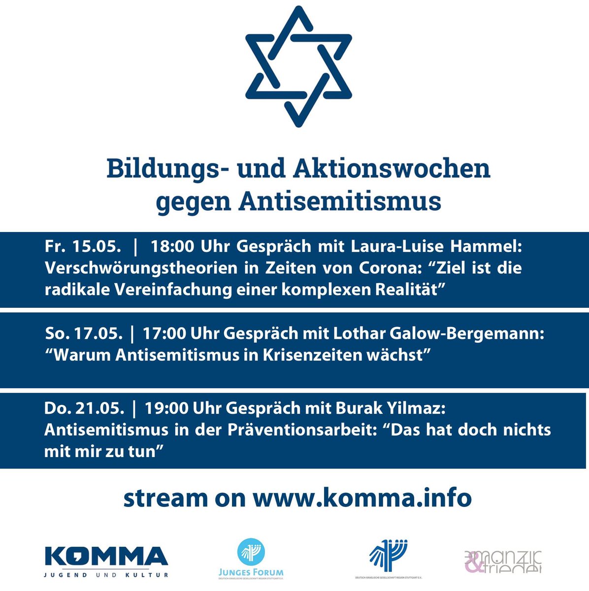 Die <a href="/AmadeuAntonio/">Amadeu Antonio Stiftung</a> Stiftung veranstaltet einen Digitalen Aktionstag gegen Verschwörungsmythen und Antisemitismus - das Komma Esslingen ist mit drei Livestreams dabei. #glaubnichtalles was du hörst! @galowbe <a href="/DIGeV_de/">Deutsch-Israelische Gesellschaft</a>