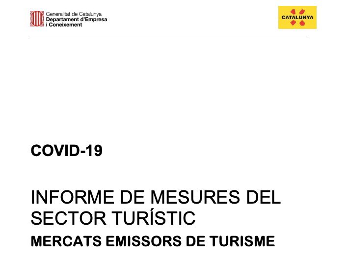 turismecat's tweet photo. ❗Disponible el nou informe sobre l’impacte socioeconòmic que està produint la #COVID19 a diferents mercats emissors.  

💡Coneixeràs dades sobre restriccions de moviment, mesures o les previsions del sector turístic.  

▶️Consulta l’informe https://t.co/8PvOEgr64G https://t.co/bRjMSfA6SE