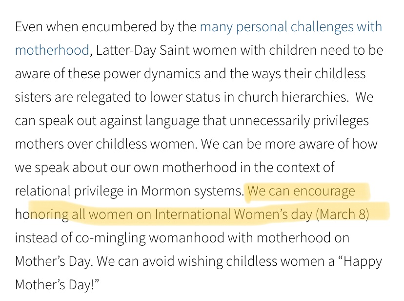 RoryAHa's tweet photo. 👏👏👏 As a childless woman who married *late* (for Utah standards), this article sums up my feelings pretty well. 
Personally, I would love to see Mormons celebrate IWD with the same fanfare as Mother’s Day. Move the awkward gifts + meals served in the gym to March! https://t.co/AWFAu91KxL