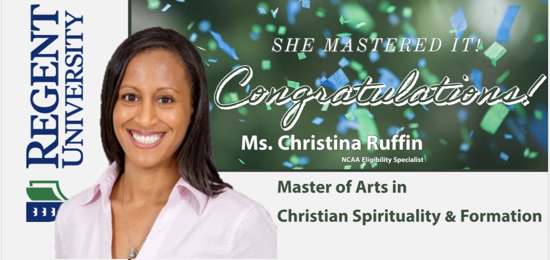 NSU_SAAS's tweet photo. We would like to congratulate our NCAA Eligibility Specialist, Christina Ruffin, on earning her Master’s degree over the weekend from Regent University!! 

Congratulations on achieving this milestone!! https://t.co/l2TGiIkFjh