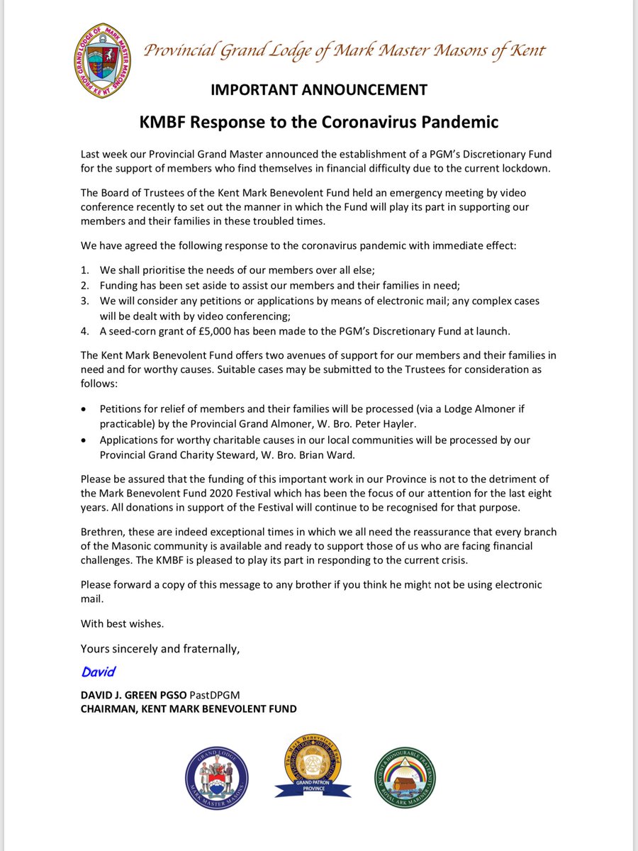PastPGMKentMark's tweet photo. The Trustees of the KMBF have today announced their response to the coronavirus pandemic. 
Thanks so much to all of them on behalf of the members of the Mark Province of Kent and their families. Your support in their time of need is valued greatly. #WelfareWelfareWelfare https://t.co/12bmMI8yg5