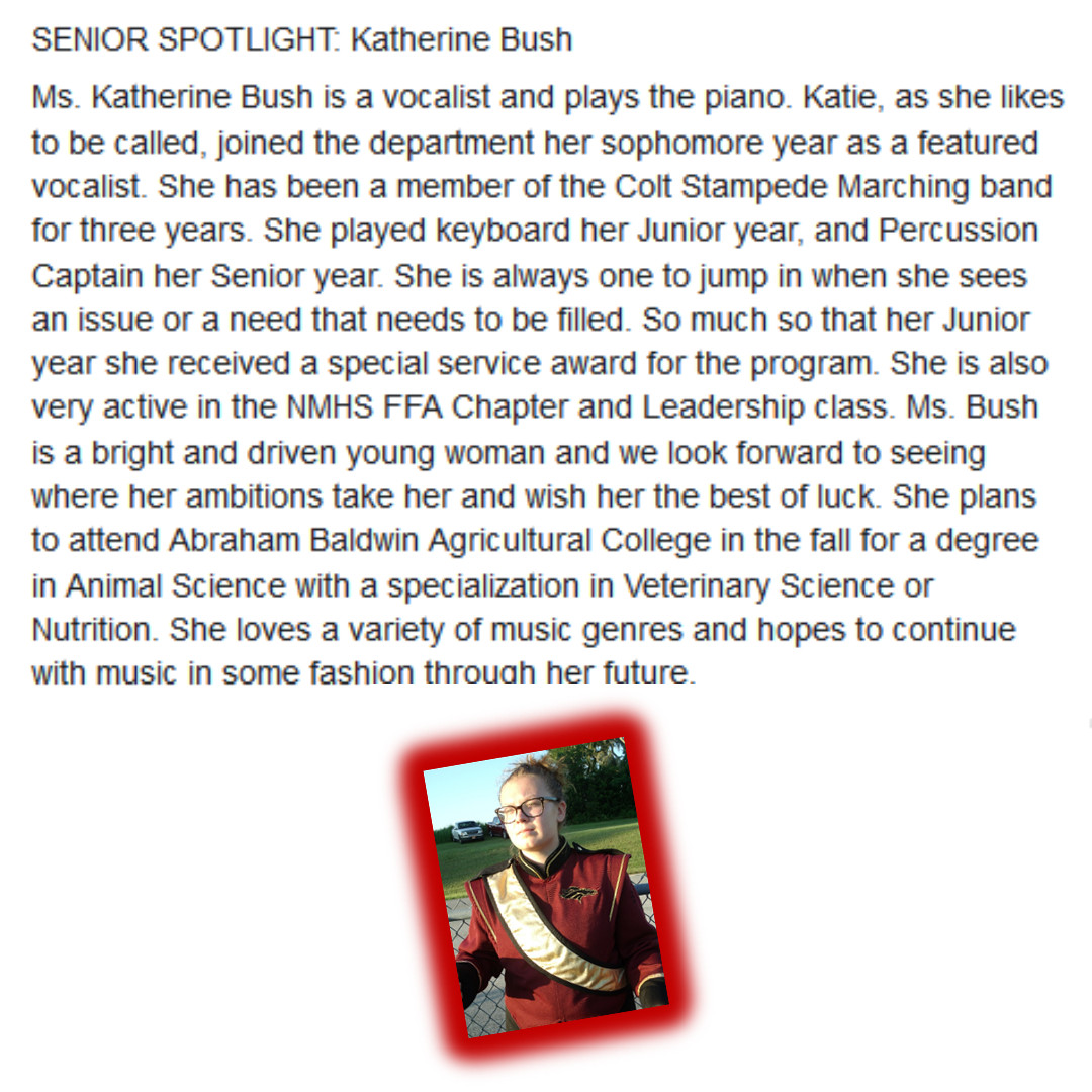 nmhs_music's tweet photo. Senior Spotlight 5/12/2020
Katherine Bush
#Classof2020 #Seniors #ColtsinMusic #SeniorSpotlight
@nmarion_high @KinardsConnect1 @OcalaPreps @OcalaStarBanner @wkmcateer4 @Grantham_Greats
For full post follow the link below:
https://t.co/quG6o200Ea https://t.co/JfCthqrXCL