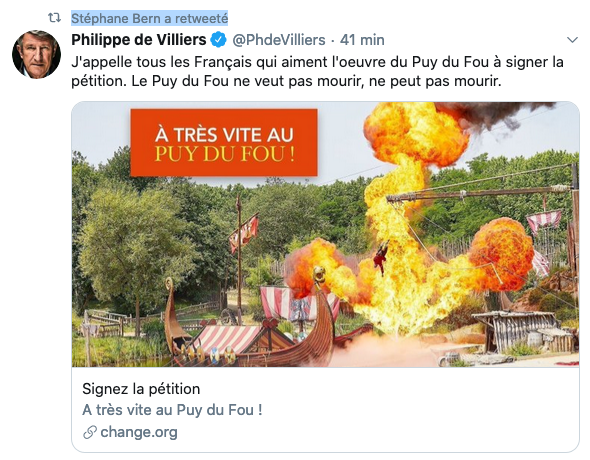 Tiens, Stéphane Bern retweete Philippe de Villiers.Ça fait partie du patrimoine national, les guignolades du Puy-du-Fou ?