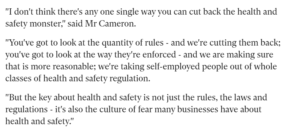 And in any case, statutory health and safety at work rights cannot be enforced by workers, but only by the  @H_S_E. The removal of civil liability was brought in by the  @Conservatives in 2013, as part of  @David_Cameron's drive to "kill off the health and safety culture" /8