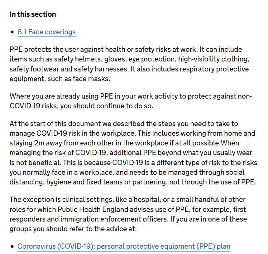 The UK Government has issued new guidance: "Working safely during coronavirus (COVID-19)"It explicitly instructs employers to dissuade workers from using PPE, no matter the setting, claiming it's "not beneficial" to protect against COVID-19. https://www.gov.uk/guidance/working-safely-during-coronavirus-covid-19/construction-and-other-outdoor-work