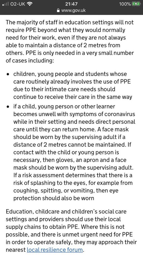 There's similar guidance for schools, aimed at safeguarding children & staff.It states PPE & face masks are not needed except if a child starts exhibiting symptoms & needs care, at which point the teacher better have a full kit ready...Purest fantasy! https://www.gov.uk/government/publications/coronavirus-covid-19-implementing-protective-measures-in-education-and-childcare-settings/coronavirus-covid-19-implementing-protective-measures-in-education-and-childcare-settings