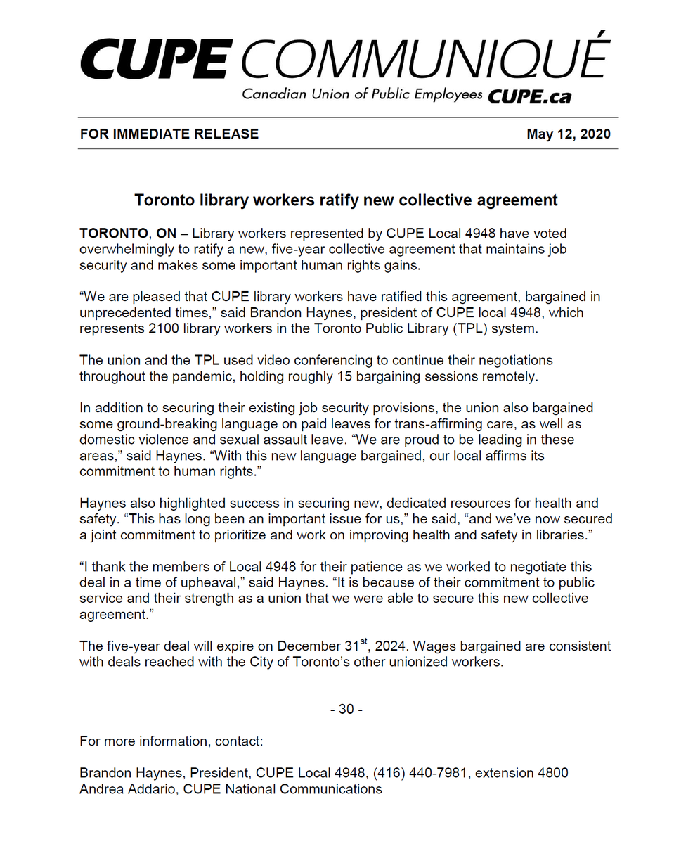 Local4948's tweet photo. @Local4948 #LibraryWorkers are pleased to announce that our membership has ratified a new collective agreement. #solidarity #collectivebargaining #cupestrong @4948president @CUPEOntario @torontolabour @torontolibrary #librarywarriors #publiclibraries https://t.co/zCY3PQgAqY