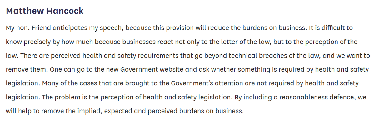 As then Parliamentary Under Secretary of State for Skills, he moved the amendment that removed workers' ability to sue employers under the health & safety legislation. He was concerned about the excessive burden on business due to perceived health & safety obligations. /10